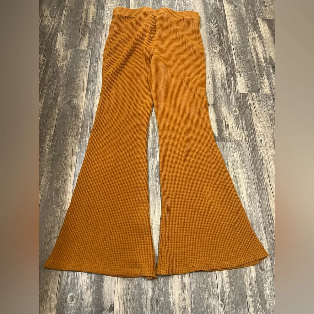 Aerie Waffle Knit Wide Leg Flare Pants in Rust Pull On Loungewear Comfy Cozy - Picture 7 of 7